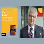 Ken Follett na zdjęciu. Po lewej informacje o wydarzeniu.