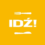 Na górze widelec, na dole nóż. W Srodku napis: Idź!