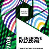 Koło w kolorowe paski podzielone na wycinki. W środku napis: Kino Pałacowe. Na dole wycinek koła i części całego plakatu za napisem: Plenerowe Pałacowe.