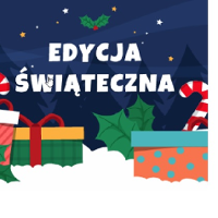 Świąteczna noc. Zapakowane prezenty stoja na śniegu. Na górze napis: "Edycja świateczna".