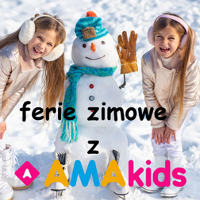 dwie dziewczynki na śniegu. Między nimi bałwan w szaliku i z rękawiczką. Napis: Ferie zimowe z AMAkids.