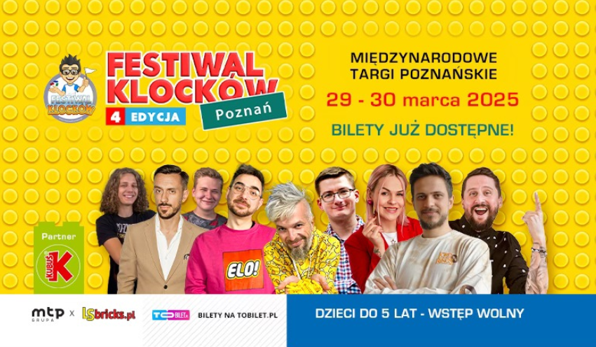 Zwiedzający Festiwal będą mogli oglądać wystawę imponujących makiet - miast, baśniowych krain czy światów fantasy Plakat promujący Festiwal Klocków, który odbędzie się w Poznaniu na MTP w dniach 29-30 marca 2025 roku. Tło plakatu przypomina żółte klocki LEGO. Na górze widnieje logo festiwalu z postacią w okularach. W centralnej części znajdują się zdjęcia kilku osób. Są ubrani w różnorodne stroje, niektórzy się uśmiechają, inni mają zabawne miny.