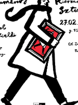 A drawing showing a smiling, walking man in a cloak, carrying a framed picture under his arm.