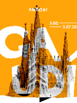 Exhibition poster: on a yellow-orange background, in a central point, the outline of one of Gaudí's most famous projects: the Sagrada Familia. There is a large white inscription on it: Gaudí.