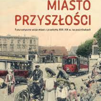 Old-fashioned picture of a city: people on the street, trams and buildings.