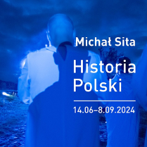 Photo of a man standing with his back to the camera in blue colors. Title of the exhibition and its start and end dates.