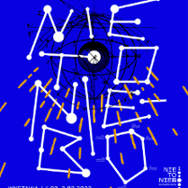 Exhibition poster in dark blue, white, blank and orange colours.