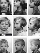 Black and white photo divided into 9 small pictures of sad children faces taken in profile and en face.