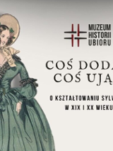 Drawing of a woman in elegant green old-fashioned dress and a hat and the title of the exhibition.