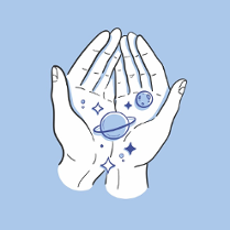 Picture of open hands on which planets and stars are laying; blue background.