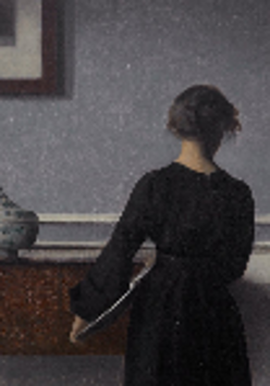 One of the artist's works: picture of a woman in black clothes standing back to the viewer.