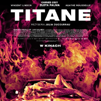 FIlm poster: a woman in fishnet tights who is lying over the hood of a Cadillac. Flames around the car