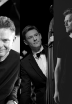 Picture divided into three: three black and white photos of members of the band