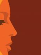 A picture of a woman in profile. Orange face with yellow hair on a brown background