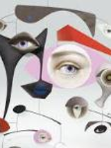 An abstract graphic in delicate colours: eyes and lips in various figures.