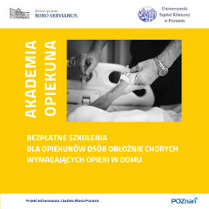 "Akademia opiekuna. Bezpłatne szkolenia dla opiekunów osób obłożnie chorych wymagających opieki w domu". Opiekun trzyma dłoń osoby obłożnie chorej.