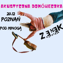 Uśmiechnięty mężczyzna z delikatną nadwagą skacze na bungee, trzymając w jednej ręce gitarę, na której na szczyt gryfu nałożył buta. Poza tym informacje o koncercie.