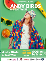 Artysta na zielonym tle, za nim żółte okulary słoneczne, kawałek arbuza, drink z kawałkiem pomarańczy i czereśnią, żółty mikrofon.