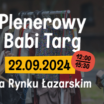 Zdjęcie, dwie kobiety stoją obok wieszaka z ubraniami, na zdjęciu napisy informujące o wydarzeniu.