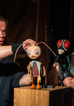 Zdjęcie z występu, na którym widoczni są aktorzy sterujący drewnianymi figurkami owadów.