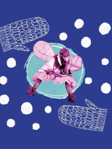 Grafika na granatowym tle przedstawiająca postać w kostiumie muchy, z różowymi skrzydłami, okularami i błyszczącymi rajstopami, umieszczoną w centralnym, turkusowym okręgu. Wokół widoczne są białe kropki przypominające śnieg oraz ilustracje jednopalczastych rękawiczek.