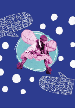 Grafika na granatowym tle przedstawiająca postać w kostiumie muchy, z różowymi skrzydłami, okularami i błyszczącymi rajstopami, umieszczoną w centralnym, turkusowym okręgu. Wokół widoczne są białe kropki przypominające śnieg oraz ilustracje jednopalczastych rękawiczek.