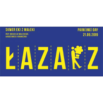 Baner. Granatowe tło, żółte litery.