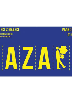Baner. Granatowe tło, żółte litery.