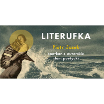 Baner: Kobieta ze stertą książek, w tle fale morskie.