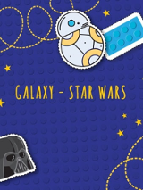 Baner wydarzenia: duzy granatowy kolcek lego na nim napisy, gwiazdki, maska dartha Vadera, robot i klocek.