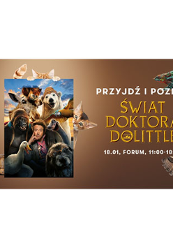 Baner wydarzenia: doktor Dolittle wśród zwierząt (pies, niedźwiedź polarny, gęś, żyrafa, goryl).