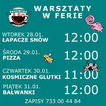 Baner wydarzenia:napisy informujące o wydarzeniu. Między informacjami małe ikony: logo Leniwca- filizanka; dwie małe babeczki, różowy słoń z zakręcona trąbą, głowa mrówki.