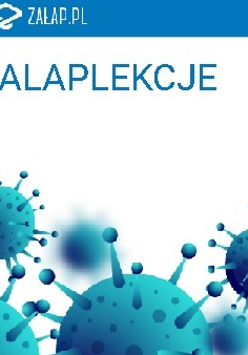 Na dole niebieskie wirusy - kule z igłami zakończonymi małymi kulkami, na górze tekst.