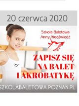 Po lewej dziewczynka ćwicząca balet przy drabinkach, po prawej czerwone napisy.
