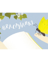 Po lewej na górze kwitnący na biało krzew. Na dole otwarta książka. Po prawej na palcu żółty motyl. Na środku biały napis.