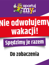 Białe napisy na fioletowym i czerwonym tle.