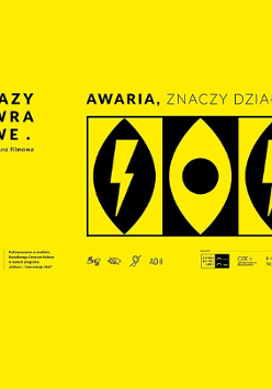 Abstrakcyjna grafika po prawej stronie (w prostokącie symbole m.in. błyskawicy), żółte tło, czarny napis - tytuł wydarzenia