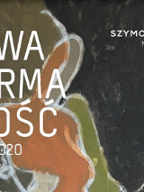 Na tle, będącym obrazem artysty, widnieją białe napisy z informacjami o wystawie.