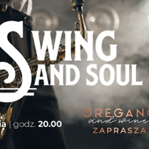 Na banerze widać część postaci trzymającej saksofon. Na pierwszym planie umieszczono nazwę koncertu i lokalu, a także informację o terminie koncertu.