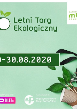 Na zielonym tle widnieje napis "Letni Targ Towarzyski" oraz przedział czasowy 29-30 sierpnia 2020 roku, Poza tym widać ekologiczne przybory kuchenne.