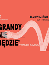 Na różowym tle czarny napis "Grandy nie będzie". W środkowej części i na napisie widać również przeźroczysty tułów węża w kolorze białym.