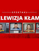 Na czerwonym tle zdjęcia 4-ch aktorów występujących w spekatklu, wklejone w ekrany telewizorów.