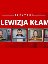 Na czerwonym tle zdjęcia 4-ch aktorów występujących w spekatklu, wklejone w ekrany telewizorów.