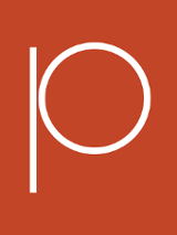 Na ceglastym tle stylizowana litera "p".