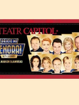 Baner spektaklu na którym widać zdjęcia aktorów biorących udział w spektaklu.