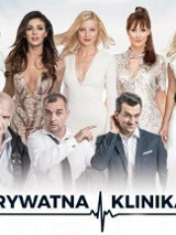 Na białym tle widać w rzędize pięć aktorek grających w spektaklu, pod nimi rząd czterech aktorów. Na dole napis "prywatna klinika" i wykres EKG.