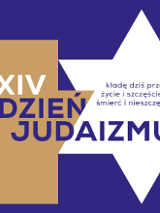 Na fioletowym tle białą Gwiazda Dawida i brązowy krzyż, poza tym Napis "XXIV Dzień Judaizmu".
