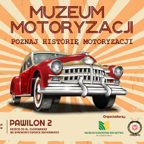 Na pomarańczowym tle zabytkowe auto.