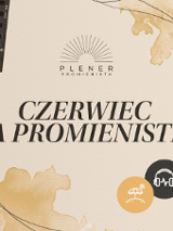 Na brązowym tle logo pleneru i napis "czerwiec na promienistej".
