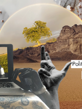 Grafika utrzymana w szaro-brązowych kolorach to kolaż złożony z warstw. Na pierwszym planie widoczna jest ręka bez dłoni, obok niej na stoliku stoi komputer z czaro-białym obrazem dwóch piesków, dalej widać protezę oraz otwartą dłoń wyprężoną do góry. Po prawej stronie kadru umieszczone zostały tytuły w trzech wersjach językowych. W tle jest pustynia, z której wyrastają skały i nienaturalnych rozmiarów kaktusy. Pomiędzy skałami i kaktusami wyrasta drzewo, nad którym rozpostarta jest tęcza